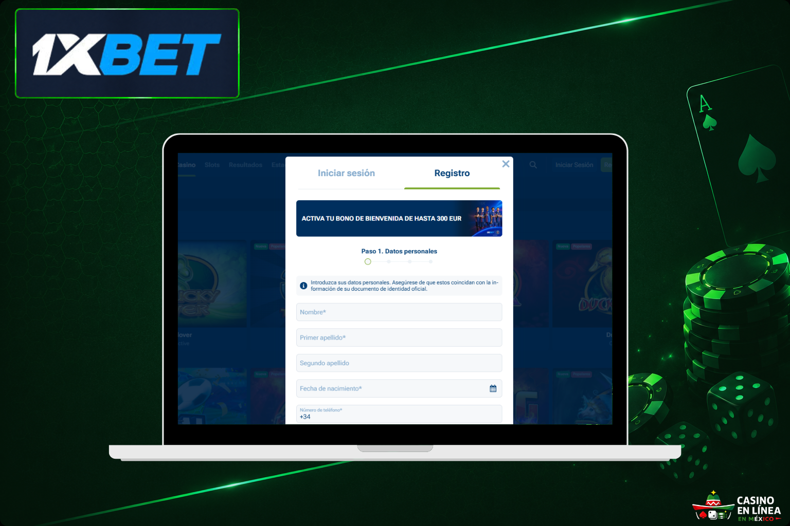 Registro en el sitio web de 1xBet Casino