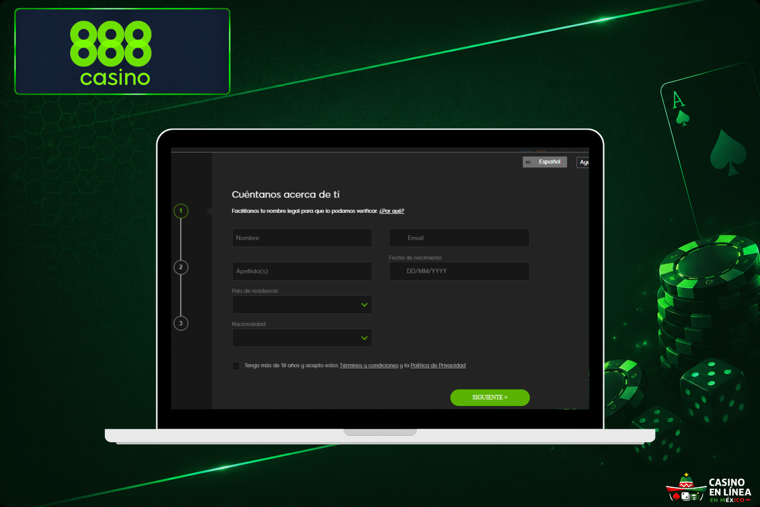 Regístrate en el sitio web del Casino 888