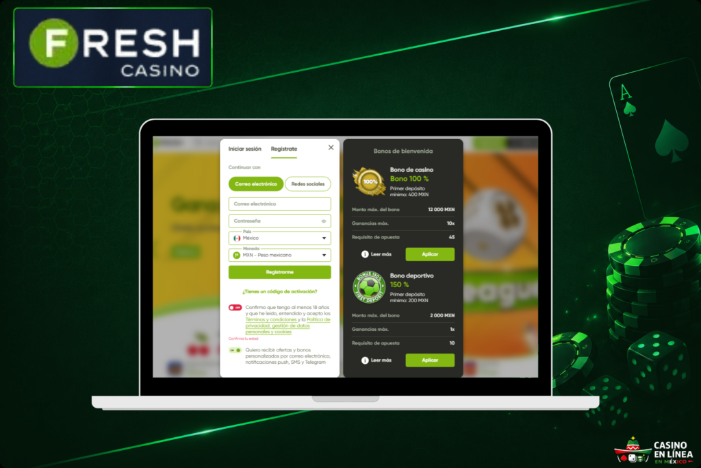 Registro en el sitio web de Fresh Casino