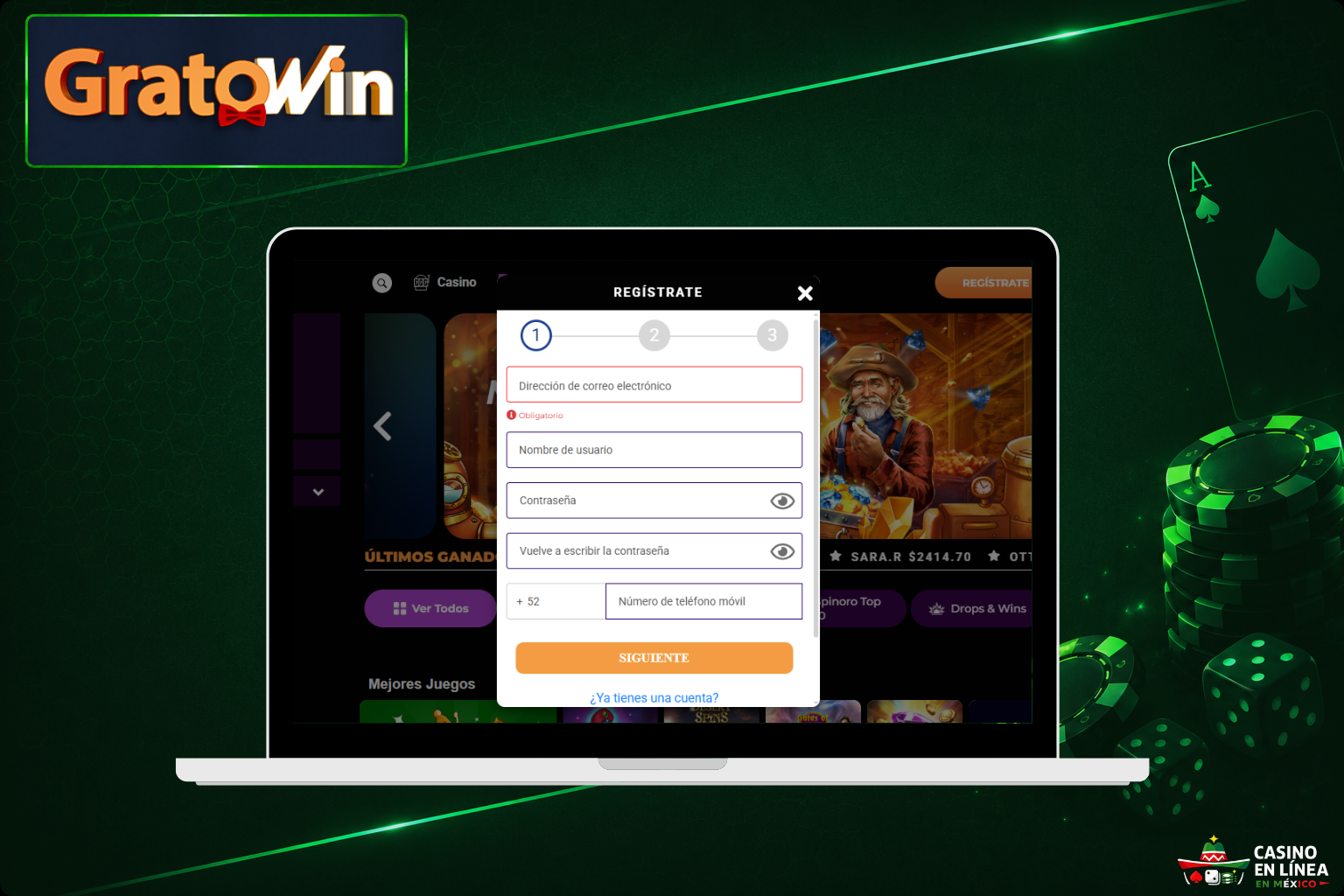 Regístrate en la página del Casino Gratowin