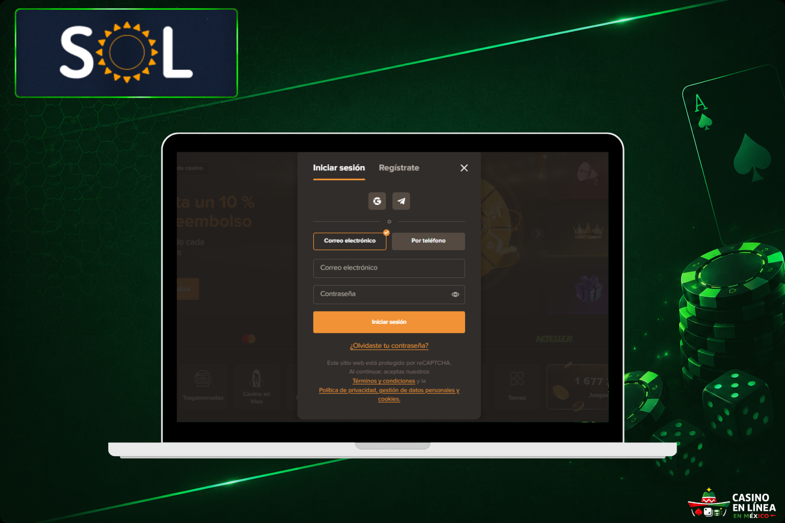 Formulario de inicio de sesión en el sitio web de Sol Casino