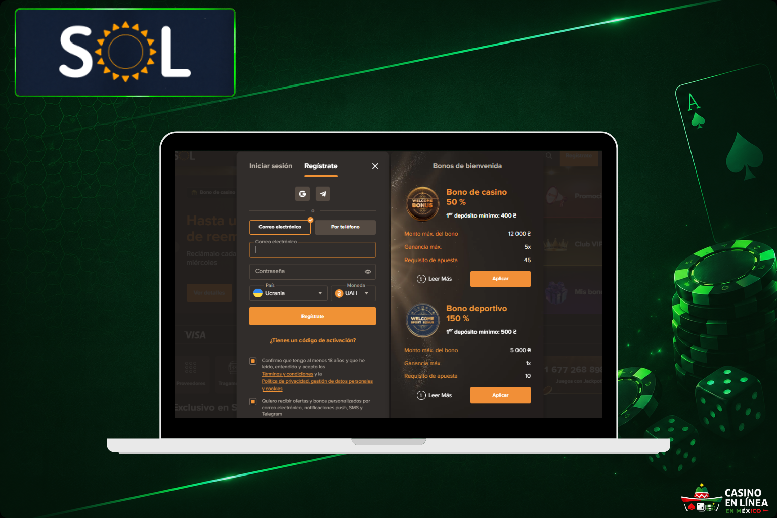 Registro en el sitio web de Sol Casino